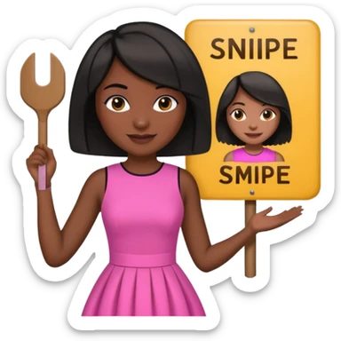 Dark skin woman with black bob in hair holding sign that says snipe  wearing pink dress  sticker