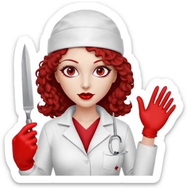 


Scary woman scalpel in hand, evil surgeon sexy surgeon clothes.  She has redcolored  eyes. Her  hair only is free ne brown long curly hair. Wears sexy doctor outfit with red gloves. make her wear red ski mask  to hide. Wears white surgeon coat, wears  stilettos sticker