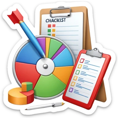 An icon featuring a pie chart, a clipboard with a checklist, and a megaphone, symbolizing management and marketing. The design includes upward-trending graphs and a target with an arrow, representing strategy and success. Transparent background highlights business organization and promotion. sticker