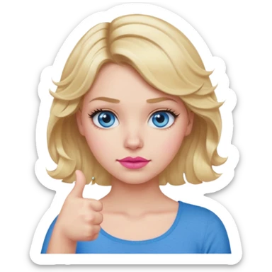 Girl Blonde short wavy hair,  blue eyes, cute blue top, long lashes, pink lips, thumbs down  sticker