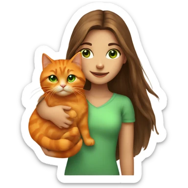 girl with long brown hair and green eyes holding a fluffy orange cat sticker