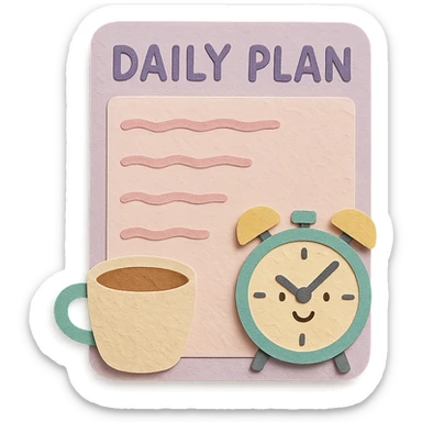 soft pastel daily planner page with coffee cup and cute clock elements, hand-drawn style sticker