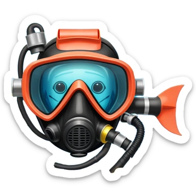 An icon featuring a close-up of a scuba diving mask, fins, and oxygen tank, with vibrant coral reefs and fish in the background. The design emphasizes the equipment and underwater beauty, symbolizing the thrill of exploring the deep sea. Transparent background highlights the serenity of the ocean. sticker