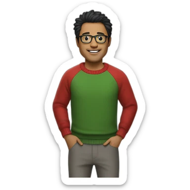 A man with black hair and green glasses with a red sweater with gray pants with lion king socks sticker