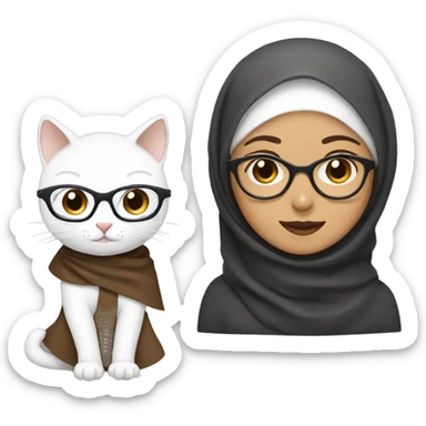 woman in brown hijab with glasses and her white cat without glasses sticker
