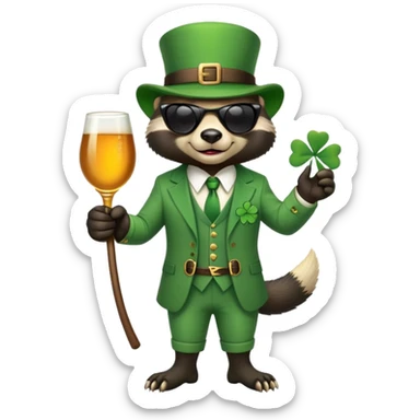 friendly anthropomorphised honey badger in a classic leprechaun suit with shamrock accessories, wearing sunglasses, St. Patrick's Day sticker
