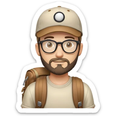 adventurer with backpack, small beard, glasses and backwards baseball cap sticker