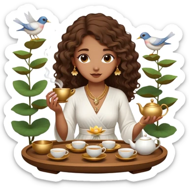 Light brown skin girl, long curly brown flat hair, gold jewelry, white dress, feeding birds with wooden tea ceremony tray with lotus flower sticker
