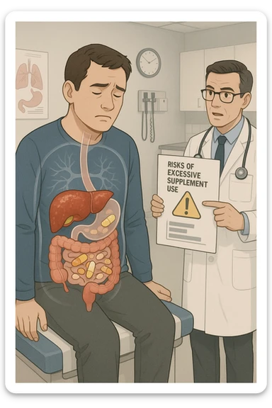 a man sits on a doctor’s examination table, looking fatigued and uncomfortable. A transparent anatomical overlay reveals his liver and intestines, both appearing inflamed and congested, with stylized supplement capsules and pills scattered throughout the digestive tract. The doctor stands nearby, holding a chart that highlights the risks of excessive supplement use. The mood is clinical and educational. sticker