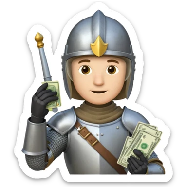 Knight with helmet holding phone and money sticker
