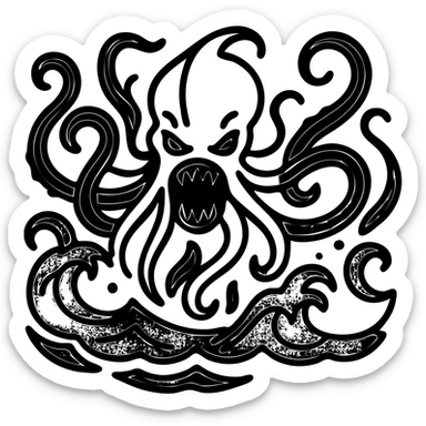 Add red details to the black fierce kraken, keep the background transparent, maintain the black outlined icon style with no fill. sticker