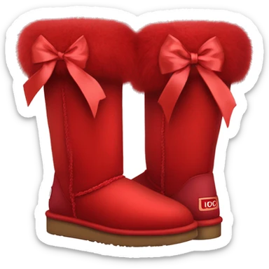 Pair of red Ugg fur boots with red silk ribbon bows. sticker