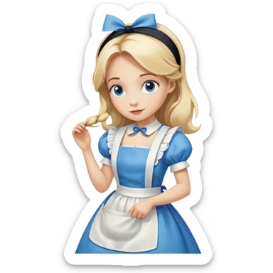 Disney's Alice in Wonderland curtseying in her blue dress with white apron, blonde hair with headband sticker