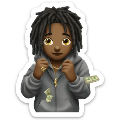 young hustler with dreads holding up  money with both hands wearing a hoodie  with gold jewelry chains on sticker