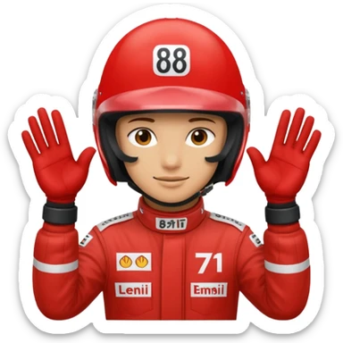 Person wearing red f1 helmet with hands saying 8 7 sticker