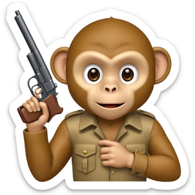 “A monkey covering his mouth with one hand and holding a gun to his head with the other hand.” sticker