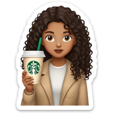 Girl with medium brown  skin light brown eyes/  black brown curly long hair with Starbucks  sticker