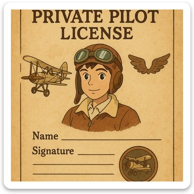 vintage-inspired private pilot license with a parchment background and classic aviation motifs sticker