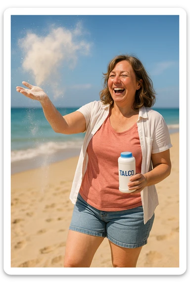 Donna in spiaggia che butta il borotalco italiano, la donna è intorno ai 66kg sticker