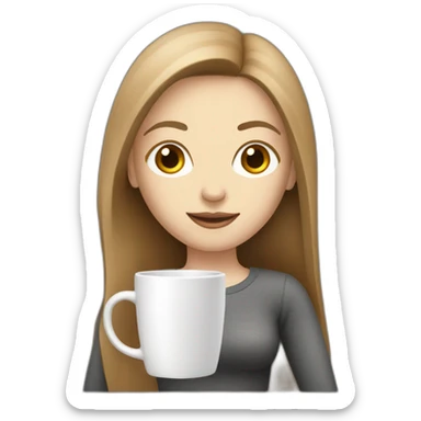 woman with pale skin and brown long straight hair holding a laptop and a coffee mug sticker