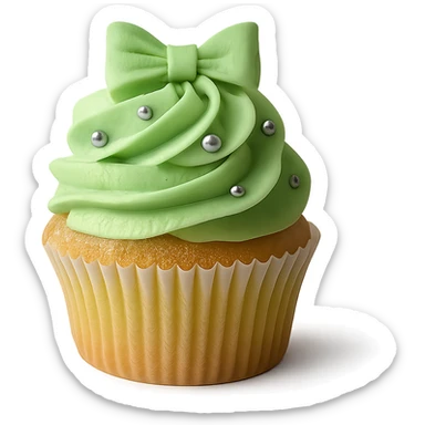 Change the icing to pistachio (light green), keep the realistic cupcake and accessories, photorealistic style, transparent background. Maintain the photorealistic look and details of the cupcake and accessories with a light green pistachio icing. Remove the background to make it transparent. sticker