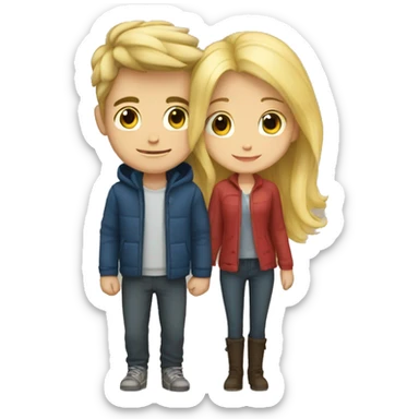 A blonde-haired girl and a dark-haired boy cuddling sticker