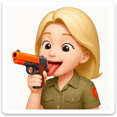 Edit the emoji so it is putting the gun toward its tongue, keeping the playful and cartoonish style. sticker