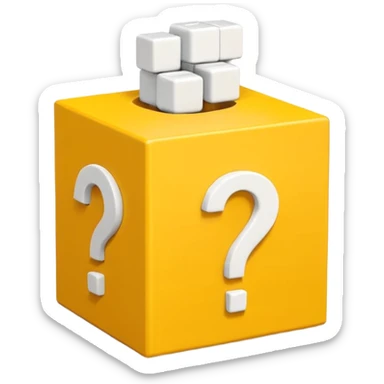  yellow cube shaped box over stuffed with white question mark cubes sticker
