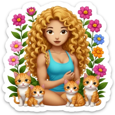 sexy and muscled tanned asian girl who loves cats, long golden curly hair, full body, many different cats nd kittens, surrounded by flowers and cats sticker