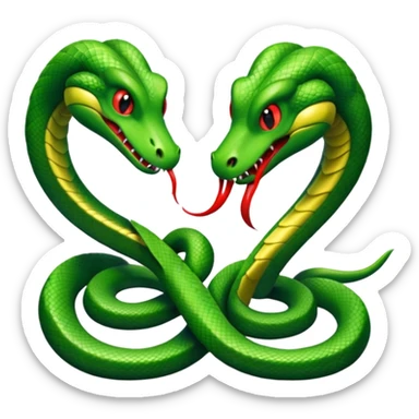 Two angry looking green snakes, tangled up at their tails, facing each other, hissing  sticker