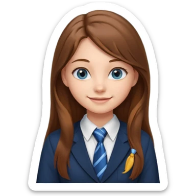 high school class room with a pretty female high school student with long brown hair, blue eyes, wearing a tie, sitting in front of the blackboard sticker