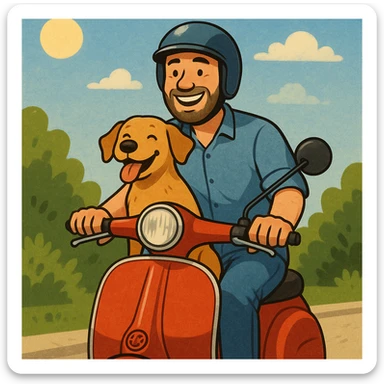 man and his pet dog riding a vespa sticker