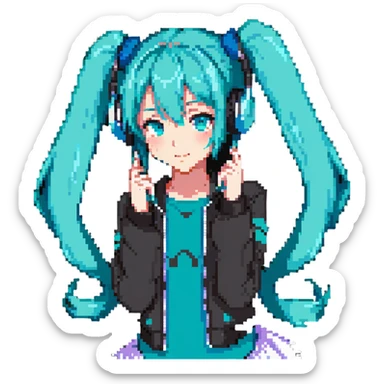 Hatsune Miku with teal twin tails, headphones, and signature outfit sticker