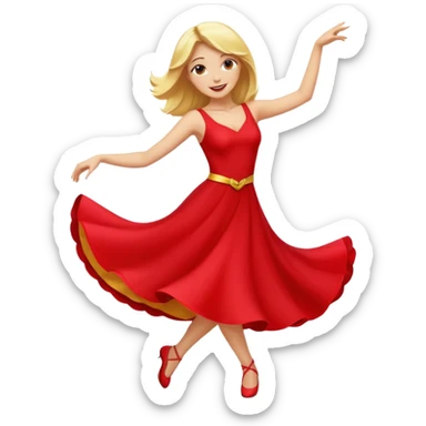 a yellow-blonde woman dancing wearing a red dress, in flat emoji / Apple style, smooth shapes, glossy highlights, bright saturated colors, simple features, minimal details, no outlines, red clothes flowing, joyful pose
 sticker