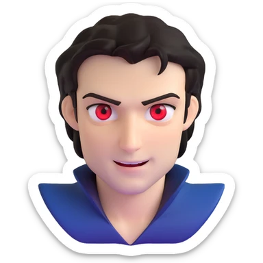 Damon Salvatore as a vampire with dark hair, blue eyes, fangs, mischievous expression, red eyes glowing slightly sticker