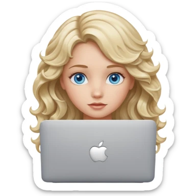 blond girl, blue eyes, hair wavy, , behind her silver colored laptop from apple sticker