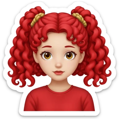 Give her long curly hair with two space buns up and red clothes sticker