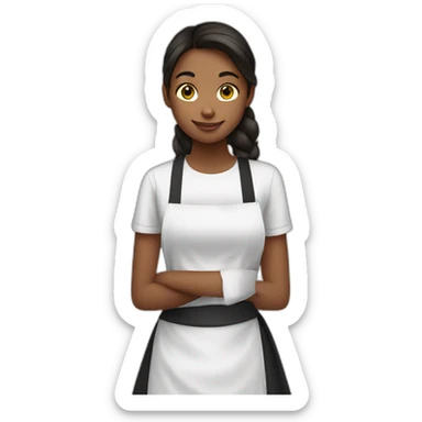 girl in a white T-shirt and a black apron stops with her hand sticker
