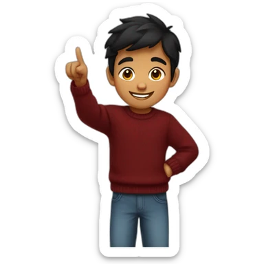 smiling and pointing north indian kid with black hair wearing a dark red sweater sticker