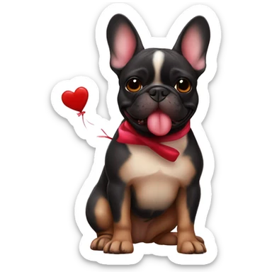 Black and tan colored French bulldog holding Valentine in mouth sticker