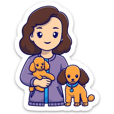 woman with long dark brown hair holding a poodle sticker