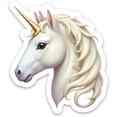 Cinematic Noble White Unicorn Portrait Emoji, Poised and regal, with a slender, ethereal form draped in a pristine white color, a flowing mane and tail, and a glistening, spiraled horn that radiates pure light, Simplified yet sharp and sophisticated features, highly detailed, glowing with a soft, iridescent luminescence, high shine, intelligent and transcendent, stylized with an air of mythical enchantment, focused and serene, soft glowing outline, capturing the essence of a watchful and confident white unicorn that appears ready to prance out of the screen with magical grace! sticker
