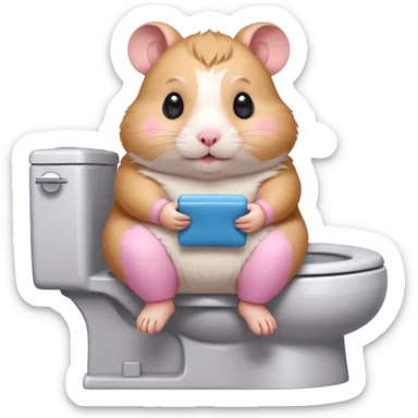 Cute chubby cartoon-style hamster sitting on toilet, sticker-style illustration sticker