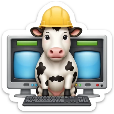 cow with a hard hat looking at several mainframe computers sticker