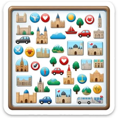 Icon for Magnet Collecting: a magnetic board on a wall displaying a collection of various magnets from different places, featuring cities, animals, and symbols. The icon should evoke the joy and uniqueness of a diverse magnet collection. Transparent background. sticker