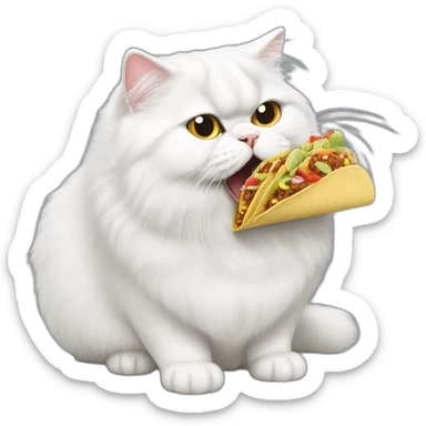 Fat white persian cat licking the air with a taco tongue sticker