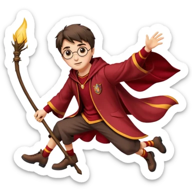 Cartoon-style illustration of Harry Potter flying on a broomstick, Gryffindor red and gold outfit, expressive face, dynamic motion, magical vibe, smooth shading, vibrant colors, no background, transparent background, isolated character. sticker
