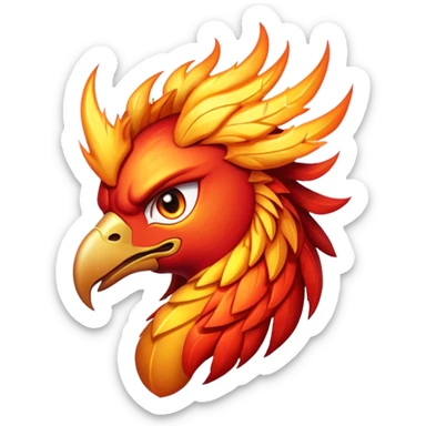 Cinematic Fierce Battle-Hardened Mystical Fire Phoenix Portrait Emoji, head tilted with an aggressive, unwavering gaze that speaks of relentless combat. The flame-kissed form is marked by rugged, charred feathers and vivid battle scars. Its blazing eyes radiate raw intensity and steely resolve, rendered with lifelike detail and stark natural lighting, high shine, channeling an aura of unyielding warlike energy and valor, softened by a dynamic glowing outline that highlights its battle-earned ferocity. sticker