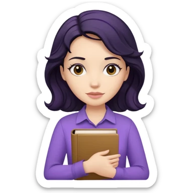 Long Hair Women with Black wavy hair, with purple Book, beige shir, without background sticker