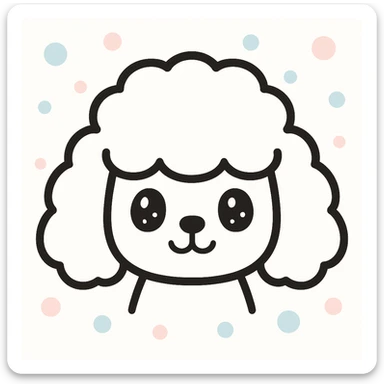 minimalist kawaii poodle dog head: large, fluffy, round head, puffy curly ears hanging down, very simple face with dot eyes, small round nose, upside-down 'Y' mouth. thick, bold, clean black lines, white background, no color or shading. calm, sweet, symmetrical, child-friendly, hand-drawn but polished look. sticker